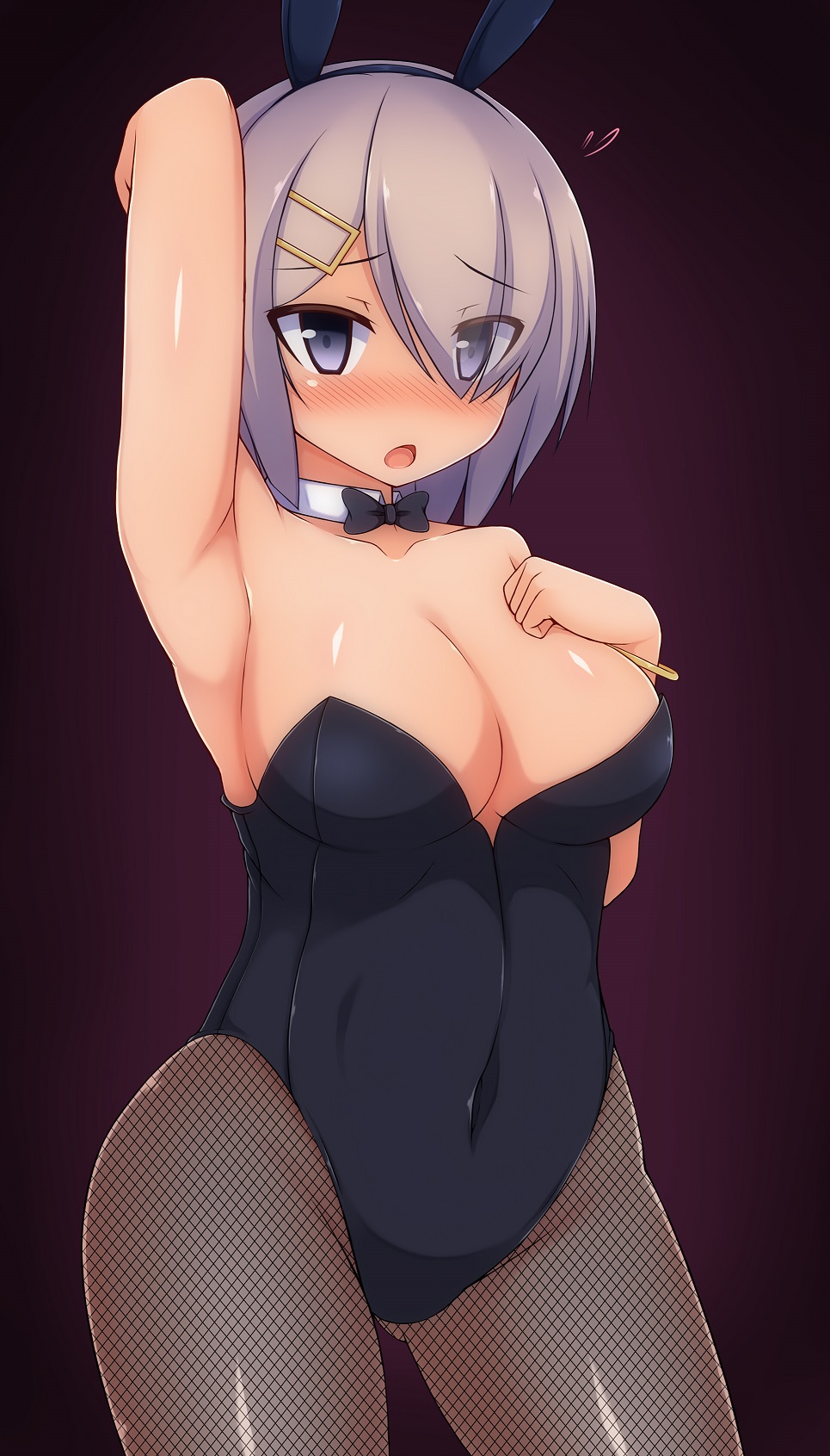 animal_ears bow bowtie breasts bunny_girl bunnysuit cleavage detached_collar eyes_visible_through_hair fake_animal_ears fishnet_pantyhose fishnets hair_ornament hair_over_one_eye hairclip hamakaze_(kantai_collection) highres kantai_collection large_breasts leotard looking_at_viewer pantyhose rabbit_ears short_hair silver_hair zack_(haiuinndo)