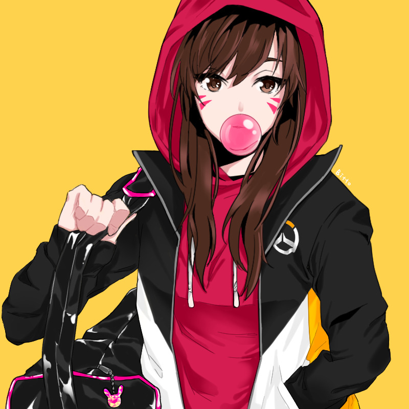 1girl bag bangs bitto34 brown_eyes brown_hair bubble_blowing bubblegum charm_(object) d.va_(overwatch) drawstring duffel_bag facepaint facial_mark gum hood hood_up hoodie jacket long_hair long_sleeves open_clothes open_jacket overwatch shoulder_bag simple_background solo upper_body whisker_markings yellow_background