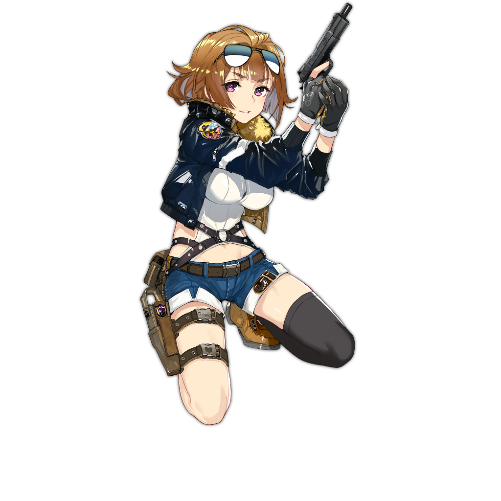 1girl asymmetrical_legwear aviator_sunglasses belt black_bra black_gloves blouse bra breasts brown_hair covered_navel eyebrows eyebrows_visible_through_hair full_body girls_frontline glasses glasses_on_head gloves grey_hair grizzly_mkv_(girls_frontline) gun holding holding_gun holding_weapon holster jacket kneeling large_breasts looking_at_viewer multicolored_hair navel nose official_art parted_lips personification short_hair shorts solo strap sunglasses thigh-highs thigh_holster transparent_background trigger_discipline unbuttoned unbuttoned_shirt underwear violet_eyes weapon white_blouse zipper