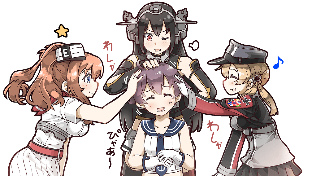 &gt;;d 4girls :d ;d ^_^ ahoge anchor_hair_ornament black_hair blue_eyes breast_pocket brown_hair closed_eyes commentary_request funnels gloves hair_ornament hat headgear kantai_collection light_brown_hair long_hair multiple_girls nagato_(kantai_collection) one_eye_closed open_mouth operation_crossroads orange_eyes peaked_cap petting pleated_skirt ponytail prinz_eugen_(kantai_collection) red_neckerchief sakawa_(kantai_collection) saratoga_(kantai_collection) scarf school_uniform serafuku short_hair skirt smile tanaka_kusao translation_request twintails white_gloves