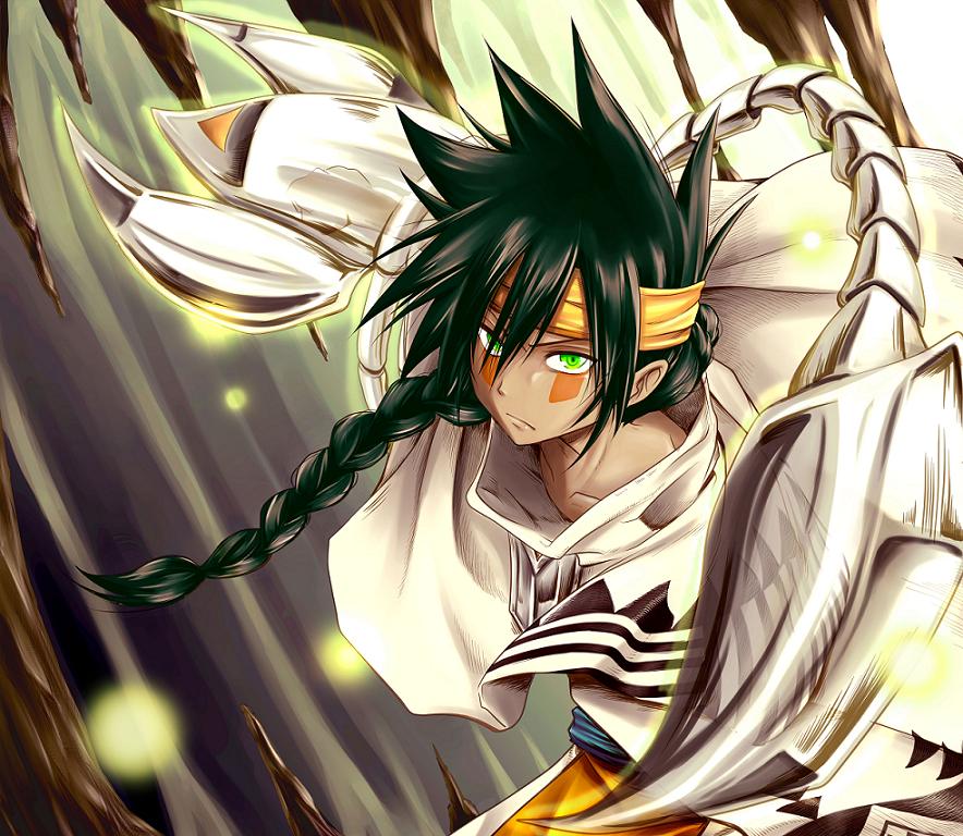 &gt;:( 1boy braid cape character_request facepaint green_eyes green_hair headband long_hair looking_at_viewer nichrom pointy_hair scorpion_tail shaman_king single_braid solo white_cape yoshimoto_(pag_dog)