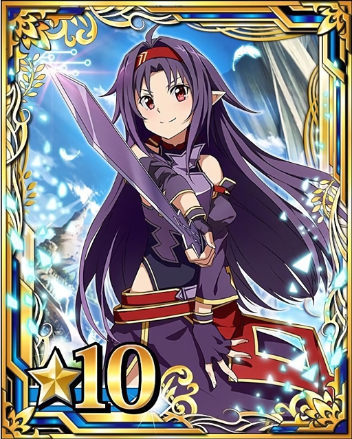 1girl ahoge breastplate card_(medium) fingerless_gloves gloves hairband holding holding_sword holding_weapon long_hair looking_at_viewer number pointy_ears purple_gloves purple_hair red_eyes red_hairband smile solo star sword sword_art_online weapon white_feathers yuuki_(sao)