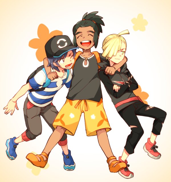 3boys arms_around_neck backpack bag bangs baseball_cap black_hair black_hat black_shirt blonde_hair capri_pants closed_eyes crossed_arms dark_skin dark_skinned_male flower_(symbol) gladio_(pokemon) green_eyes green_hair grey_eyes hair_over_one_eye hat hau_(pokemon) hood hoodie looking_at_another male_focus male_protagonist_(pokemon_sm) multiple_boys otyaume_1910 pants pokemon pokemon_(game) pokemon_sm shirt shoes short_hair shorts sidelocks simple_background sneakers striped striped_shirt swept_bangs t-shirt tan_background topknot torn_clothes torn_pants