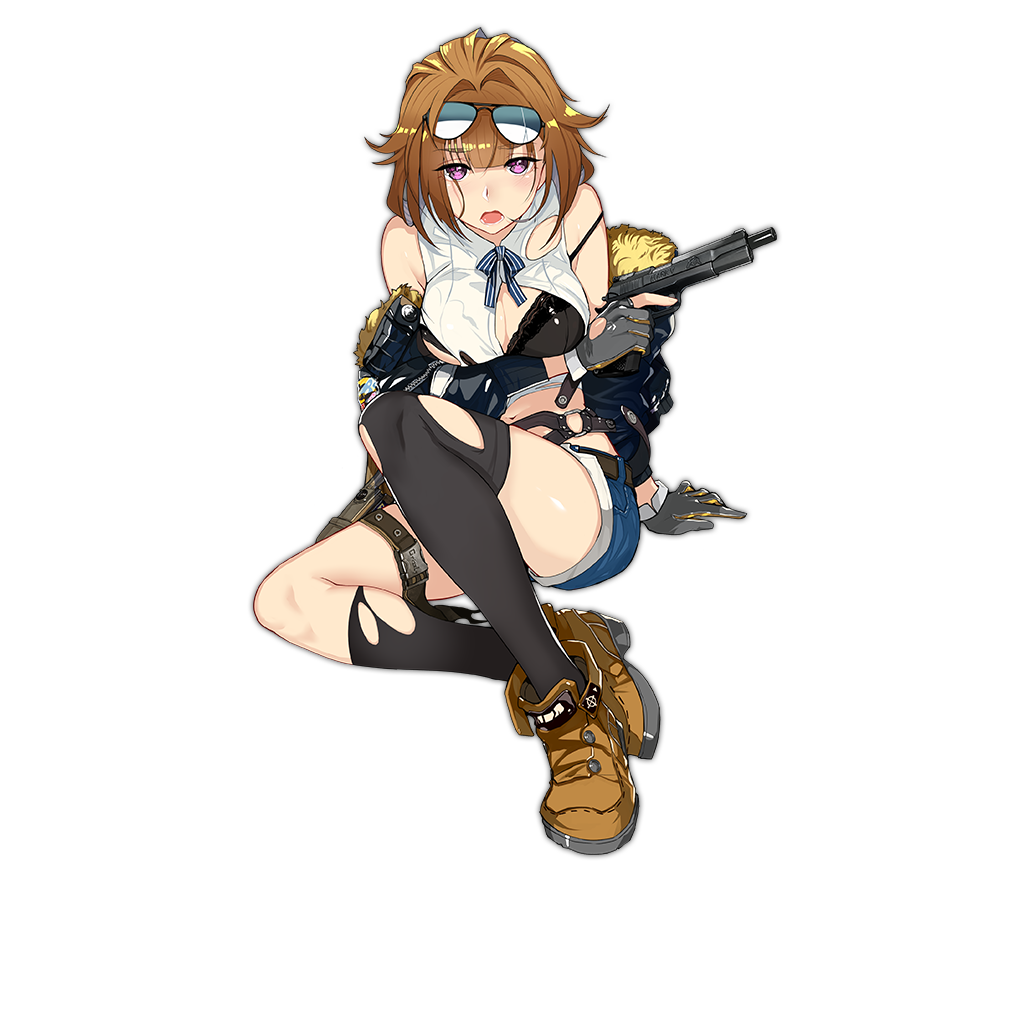 1girl asymmetrical_legwear aviator_sunglasses bare_shoulders belt black_bra black_gloves black_legwear blouse blush bra breast_hold breasts brown_hair eyebrows full_body girls_frontline gloves grey_hair grizzly_mkv_(girls_frontline) gun holding holding_gun holding_weapon holster jacket large_breasts looking_at_viewer multicolored_hair nose off_shoulder official_art open_mouth personification ribbon short_hair shorts sitting solo strap striped striped_ribbon sunglasses thigh-highs thigh_holster torn_clothes torn_thighhighs transparent_background trigger_discipline underwear violet_eyes weapon white_blouse