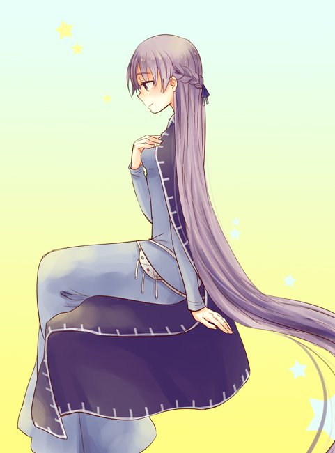 1girl absurdly_long_hair belly_chain blue_dress cloak dress fire_emblem fire_emblem:_fuuin_no_tsurugi from_side gradient gradient_background hand_on_own_chest jewelry long_hair purple_hair serina_ranshi simple_background sitting smile sofiya solo very_long_hair violet_eyes