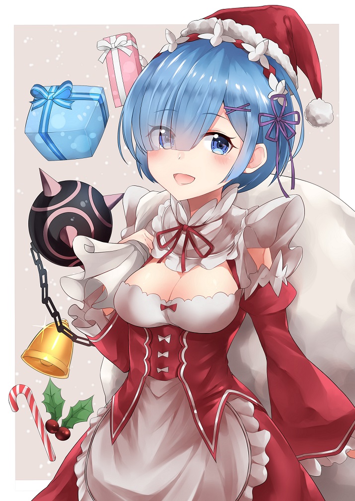 1girl 28aarts :d adapted_costume apron bell blue_eyes blue_hair blush bow breasts candy candy_cane chains christmas cleavage cleavage_cutout collar cowboy_shot detached_collar detached_sleeves eyebrows_visible_through_hair eyes_visible_through_hair flail flower food frilled_collar frills gift grey_background hair_flower hair_ornament hair_over_one_eye hand_up hat holding looking_at_viewer maid maid_headdress matching_hair/eyes morning_star open_mouth puffy_sleeves purple_ribbon re:zero_kara_hajimeru_isekai_seikatsu red_bow red_ribbon rem_(re:zero) ribbon sack santa_costume santa_hat smile snow solo waist_apron weapon white_flower x_hair_ornament