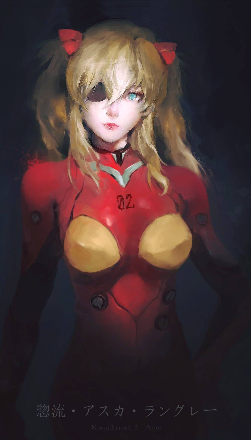 1girl artist_name blue_eyes bodysuit character_name closed_mouth eyepatch hair_between_eyes highres kaminari_ame lips long_hair looking_at_viewer multicolored_bodysuit neon_genesis_evangelion nose number orange_bodysuit orange_hair plugsuit red_bodysuit solo souryuu_asuka_langley translated