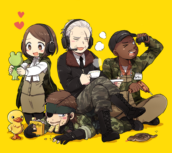 1girl 3boys 50yen arm_up bandanna bangs baseball_cap big_boss binoculars bird black_boots black_eyes black_gloves black_hat black_legwear black_necktie black_shoes blue_eyes blush boots brown_eyes brown_hair brown_pants brown_skirt buttons camouflage camouflage_pants closed_eyes collared_shirt cross-laced_footwear cup dark_skin drill duck eating eyepatch facial_hair food food_in_mouth food_on_face frog full_body gloves hat headband headset heart heart-shaped_pupils holding holding_cup holding_food indian_style jacket kneeling lace-up_boots legs_crossed long_sleeves lying major_zero metal_gear_(series) metal_gear_solid metal_gear_solid_3 motion_lines mouth_hold multiple_boys mustache necktie on_back one_eye_closed open_mouth pants para-medic_(mgs3) partly_fingerless_gloves saucer scar scar_across_eye shadow shirt shoes short_hair sigint simple_background sitting sitting_on_person skirt sleeveless sleeves_rolled_up smile smoke standing swept_bangs symbol-shaped_pupils tea teacup uniform very_dark_skin white_hair white_shirt yellow_background zipper