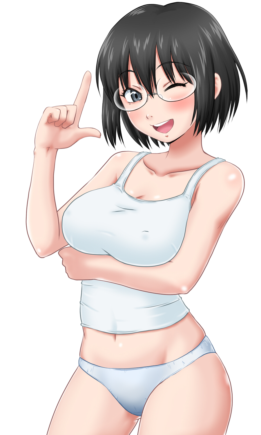 1girl black_hair breasts cleavage collarbone erect_nipples glasses goriate grey_eyes groin highres index_finger_raised large_breasts navel one_eye_closed open_mouth panties shibito_no_koe_wo_kiku_ga_yoi shikino_(shibito_no_koe_wo_kiku_ga_yoi) shiny shiny_skin smile solo tank_top underwear white_panties