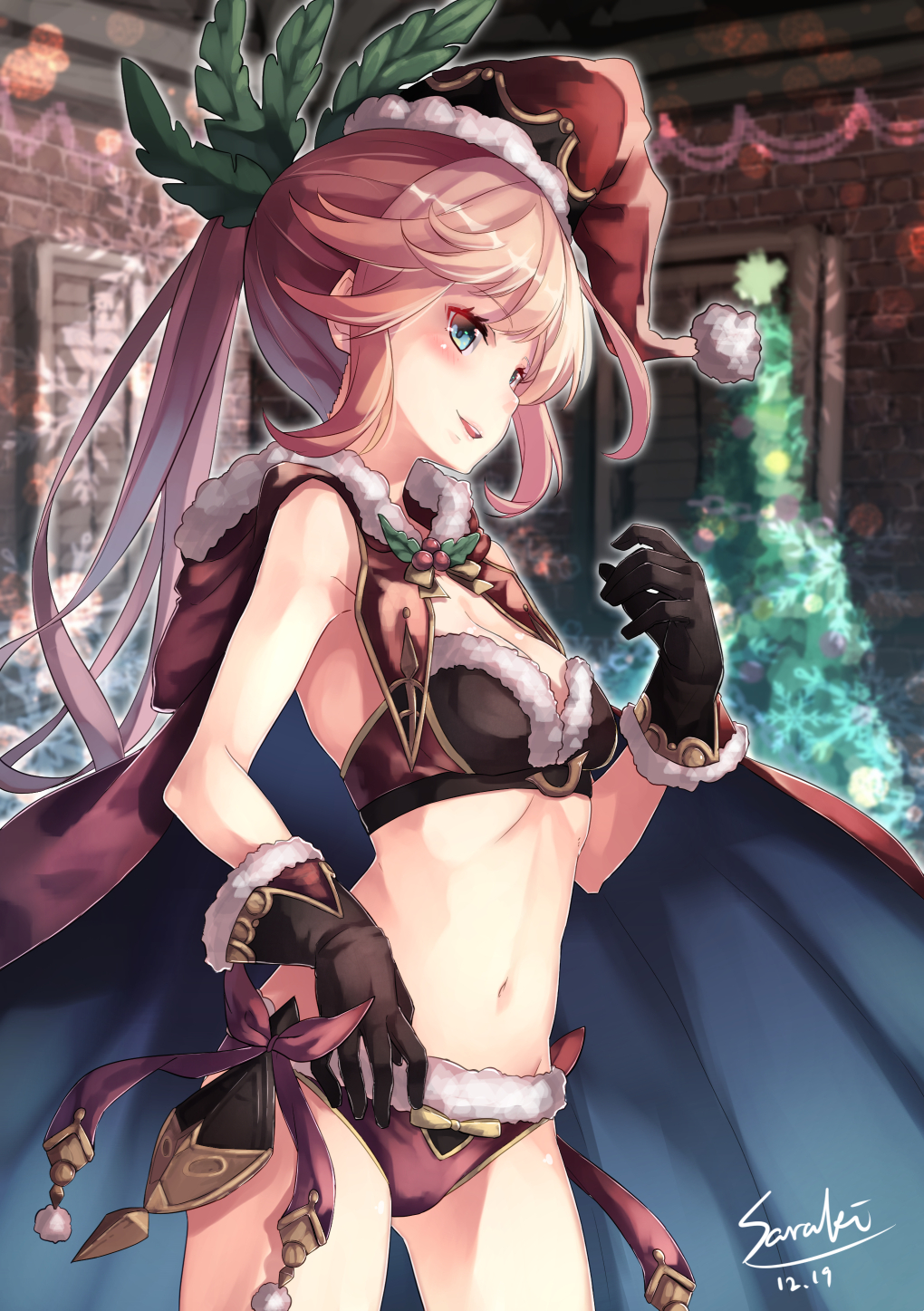 1girl black_gloves blonde_hair blue_eyes blush breasts cape christmas_tree clarisse_(granblue_fantasy) cleavage dated gloves granblue_fantasy hat highres long_hair medium_breasts midriff navel ponytail santa_hat saraki signature solo