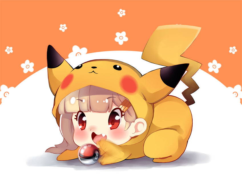 1girl afterimage all_fours alternate_costume bangs blonde_hair blunt_bangs blush chibi cosplay eyebrows_visible_through_hair fang full_body hair_ornament hairclip kantai_collection motion_blur pikachu pikachu_(cosplay) playing poke_ball pokemon red_eyes remodel_(kantai_collection) solo two-tone_background yumekii yuudachi_(kantai_collection)