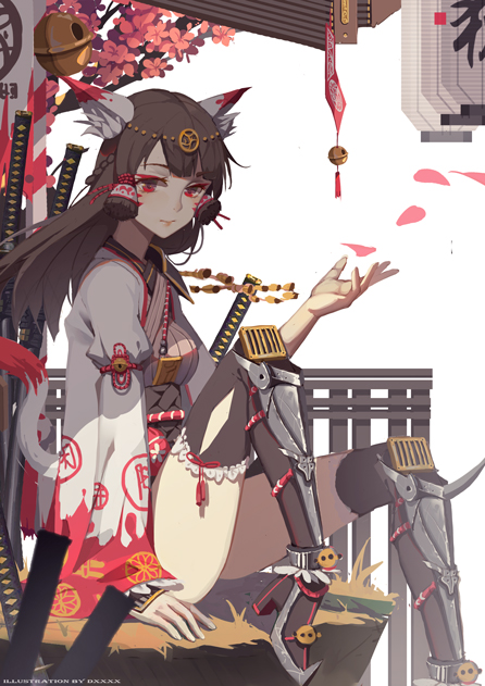 1girl animal_ears architecture arm_garter armor bell black_legwear braid breasts brown_hair cherry_blossoms circlet east_asian_architecture expressionless facial_tattoo fox_ears fox_girl fox_tail french_braid frilled_legwear greaves hair_tubes hand_up high_heels japanese_armor japanese_clothes jingle_bell katana knee_up kote lantern leg_armor lips long_hair long_sleeves looking_at_viewer obi original outdoors paper_lantern petals red_eyes sash sheath sheathed simple_background sitting small_breasts solo soulkiller sword tail tattoo thighs tree watermark weapon white_background wide_sleeves wind wind_chime