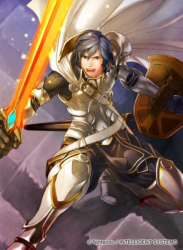 1boy armor armored_boots blue_eyes blue_hair boots cape company_connection energy falchion_(fire_emblem) fighting_stance fire_emblem fire_emblem:_kakusei fire_emblem_cipher glowing glowing_sword glowing_weapon holding holding_shield holding_sword holding_weapon krom light_particles male_focus matching_hair/eyes official_art open_mouth pants purple_background serious shield short_hair solo sword teeth weapon white_armor white_cape