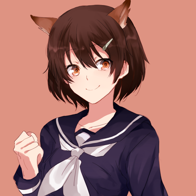 1girl animal_ears brave_witches brown_eyes brown_hair clenched_hand hair_ornament hairclip karibuchi_hikari red_background retto school_uniform serafuku short_hair simple_background smile solo squirrel_ears upper_body world_witches_series