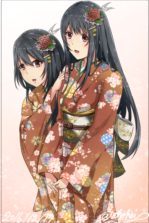 alternate_costume alternate_headwear black_hair commentary_request floral_print flower furisode fusou_(kantai_collection) hair_between_eyes hair_flower hair_ornament japanese_clothes kantai_collection kimono long_hair looking_at_viewer multiple_girls obi open_mouth red_eyes sash shohei_(piranha5hk) short_hair wide_sleeves yamashiro_(kantai_collection)