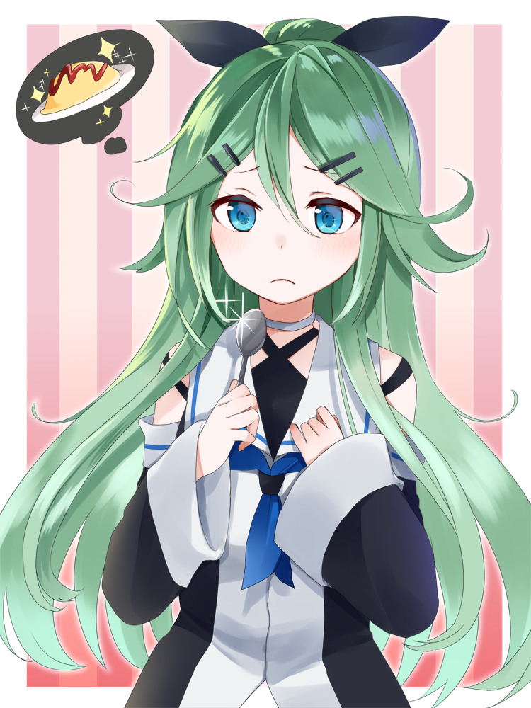1girl black_ribbon blue_eyes blush detached_sleeves food frown green_hair hair_between_eyes hair_flaps hair_ornament hair_ribbon hairclip halterneck hands_on_own_chest hands_up holding holding_spoon kantai_collection long_hair looking_down neckerchief omelet omurice ponytail ribbon school_uniform serafuku solo spoon striped striped_background thinking thought_bubble upper_body vertical-striped_background vertical_stripes wide_sleeves yamakaze_(kantai_collection) yuna_(yukiyuna)