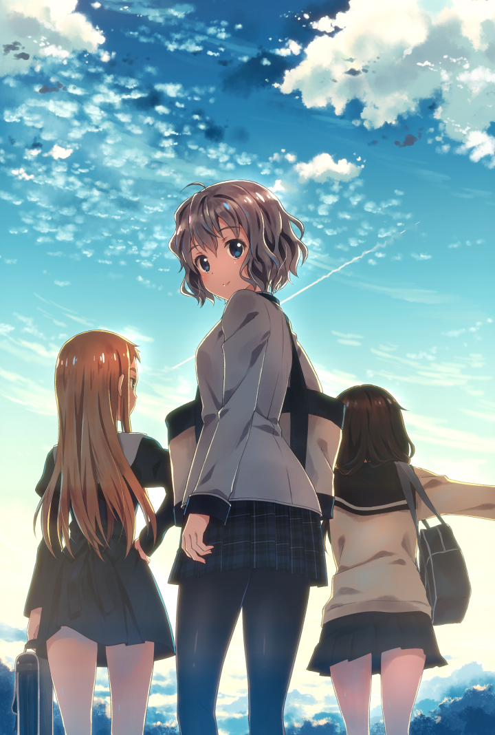 3girls aliasing bag black_hair black_legwear black_skirt blonde_hair blue_eyes clouds from_behind green_eyes grey_hair long_hair multiple_girls original pantyhose school_bag school_uniform short_hair skirt sky yuuki_tatsuya