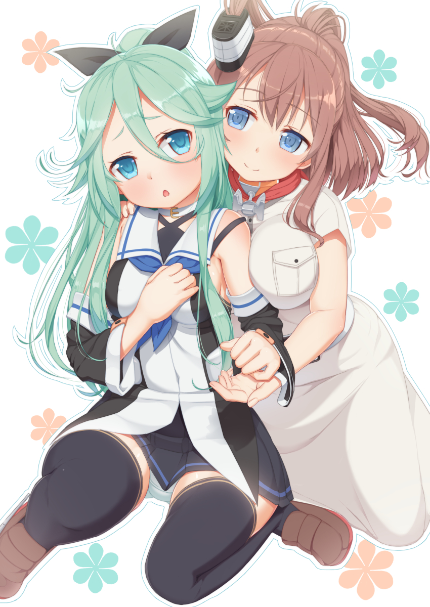 2girls :o aqua_eyes arm_warmers bare_shoulders black_hat black_legwear black_ribbon black_skirt blue_eyes blush breast_pocket breast_press breasts brown_hair brown_shoes closed_mouth green_hair hair_between_eyes hair_ribbon hand_on_another's_shoulder hand_on_own_chest hat head_tilt highres kantai_collection kneeling large_breasts loafers long_hair long_skirt looking_at_viewer medium_breasts multiple_girls neckerchief open_mouth panties pantyshot pantyshot_(sitting) pleated_skirt pocket ponytail ribbon saratoga_(kantai_collection) shirt shoes sitting skirt sleeveless smile tachimi_(basue) thigh-highs underwear upskirt white_panties white_shirt white_skirt yamakaze_(kantai_collection)