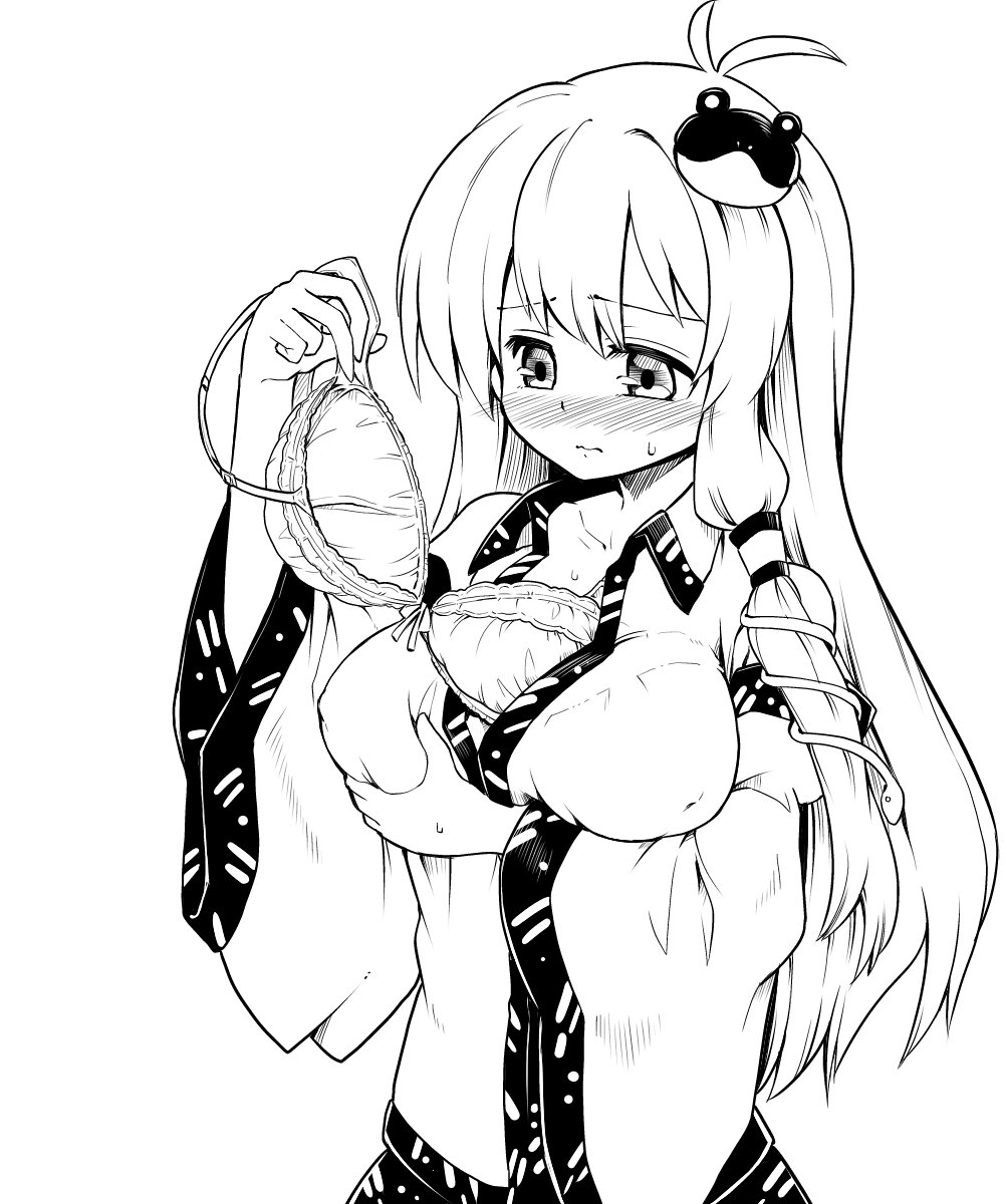 1girl blush bra breast_hold breasts comic commentary_request detached_sleeves erect_nipples frog_hair_ornament futa4192 hair_ornament hair_tubes hand_on_own_chest highres japanese_clothes kochiya_sanae large_breasts long_hair long_sleeves monochrome nontraditional_miko removing_bra skirt snake_hair_ornament solo sweat sweatdrop touhou underwear white_background wide_sleeves