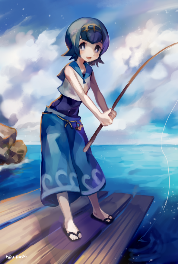 1girl :d artist_name baggy_pants bangs bare_arms bare_shoulders blue_eyes blue_hair blue_pants blue_sky blue_swimsuit breasts bright_pupils capri_pants clouds cloudy_sky covered_navel crop_top day dock fishing fishing_rod flipped_hair hairband holding leaning_forward matching_hair/eyes miu_pachi open_mouth outdoors pants pokemon pokemon_(game) pokemon_sm sailor_collar sandals school_swimsuit shirt short_hair sky small_breasts smile solo standing suiren_(pokemon) swimsuit swimsuit_under_clothes trial_captain water white_shirt wood