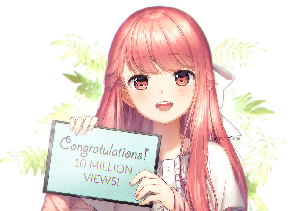 1girl :d artist_name bangs blush congratulations english eyebrows_visible_through_hair hair_ribbon half_updo holding leaf leaf_background long_hair looking_at_viewer number open_mouth pink_eyes pink_hair ribbon rin_(shelter) rosuuri round_teeth shelter_(music_video) smile solo sparkle teeth upper_body white_ribbon