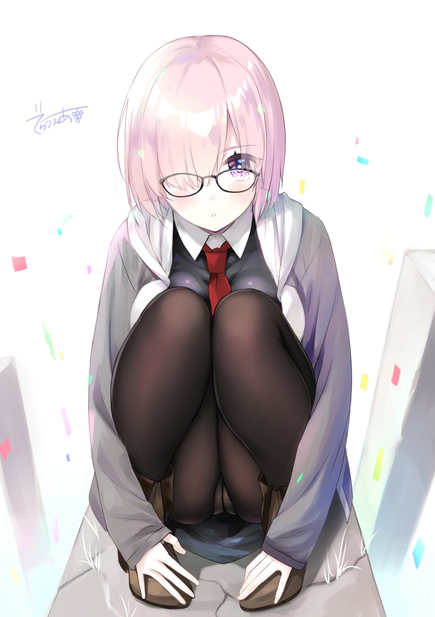1girl :o ankle_boots black-framed_eyewear blush boots breast_press breasts brown_boots crotch_seam de_ra_u_e_a fate/grand_order fate_(series) full_body grey_jacket hair_over_one_eye highres jacket knees_on_chest knees_together_feet_apart knees_up long_sleeves looking_at_viewer medium_breasts necktie open_clothes open_jacket panties panties_under_pantyhose pantyhose parted_lips pink_hair red_necktie shielder_(fate/grand_order) shiny shiny_hair short_hair signature sleeves_past_wrists solo squatting underwear violet_eyes white_panties