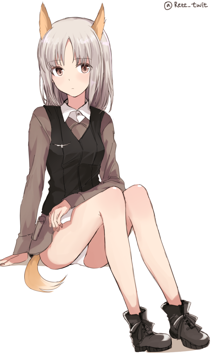 1girl animal_ears arm_support boots brave_witches brown_eyes closed_mouth edytha_rossmann emblem fox_ears fox_tail full_body highres long_sleeves looking_at_viewer military military_uniform panties retto shirt short_hair silver_hair simple_background sitting solo tail twitter_username underwear uniform vest white_background white_panties world_witches_series
