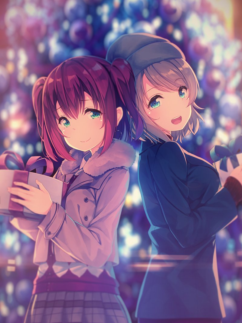 2girls back-to-back bangs beanie blue_eyes blurry_background box christmas coat commentary_request fur_collar gift gift_box green_eyes hat holding holding_gift kurosawa_ruby looking_at_viewer love_live! love_live!_sunshine!! multiple_girls open_mouth redhead siva_(executor) skirt smile swept_bangs two_side_up watanabe_you winter_clothes