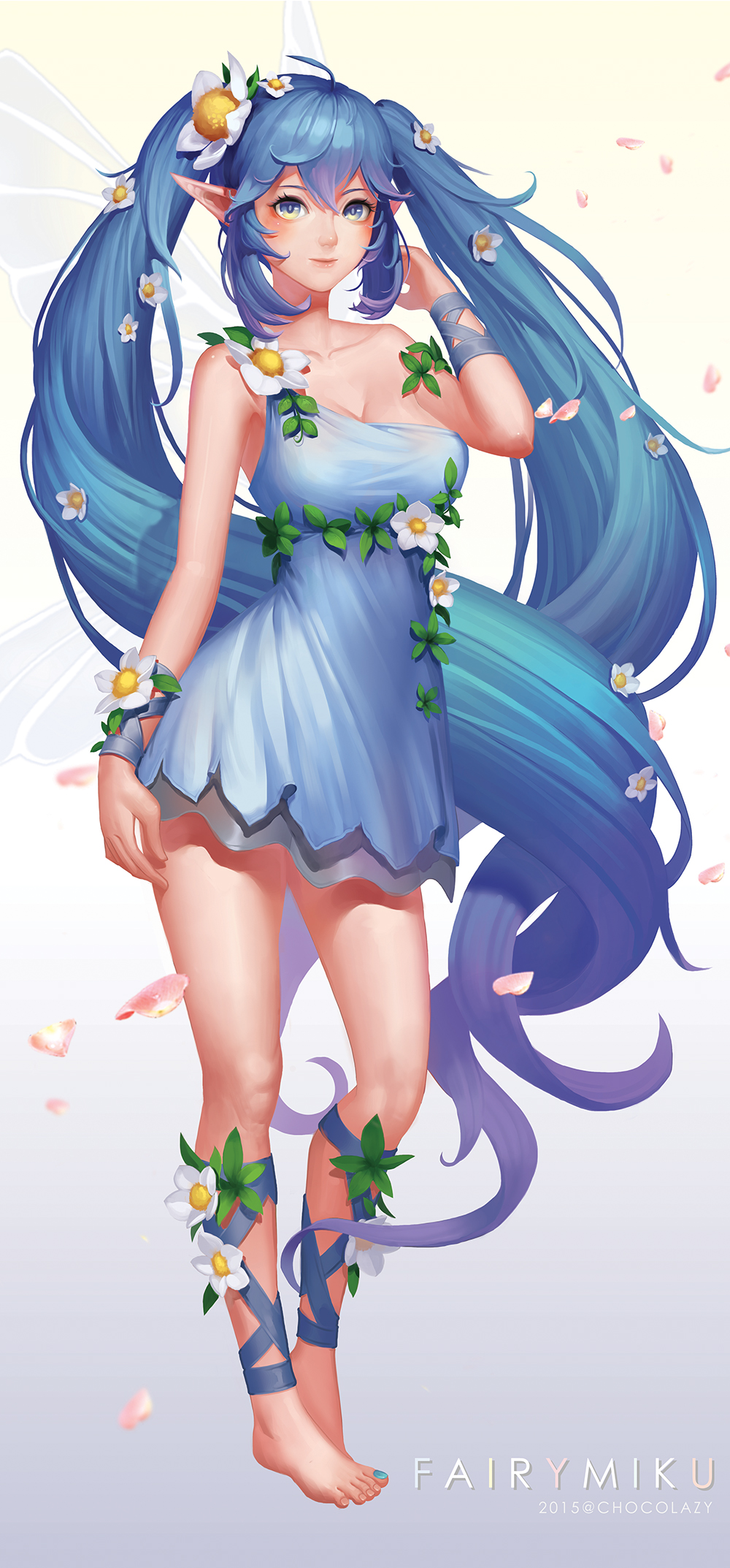 1girl absurdly_long_hair ahoge alternate_costume ankle_lace-up aqua_nails arm_at_side artist_name bangs bare_shoulders barefoot blue_dress blue_eyes blue_hair breasts character_name chocolazy cleavage closed_mouth collarbone contrapposto cross-laced_footwear dated dress eyelashes fairy fairy_wings flower full_body hair_between_eyes hair_flower hair_ornament hair_tucking hand_to_head hand_up hatsune_miku highres lips long_hair looking_at_viewer matching_hair/eyes medium_breasts nail_polish petals pink_lips pointy_ears short_dress sidelocks sleeveless sleeveless_dress smile solo standing tied_hair toenail_polish toenails twintails very_long_hair vocaloid white_wings wings