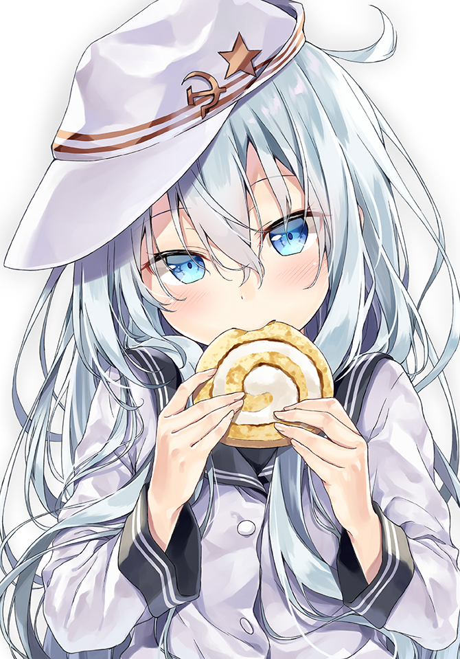 1girl biting blue_eyes blue_hair blush buttons cake cinnamon_roll eyelashes fingernails flat_cap flat_chest food hair_between_eyes hammer_and_sickle hat head_tilt hibiki_(kantai_collection) holding holding_food kakao_rantan kantai_collection long_hair long_sleeves looking_at_viewer matching_hair/eyes messy_hair school_uniform serafuku silver_hair simple_background solo star sweets swiss_roll upper_body verniy_(kantai_collection) white_background white_hat