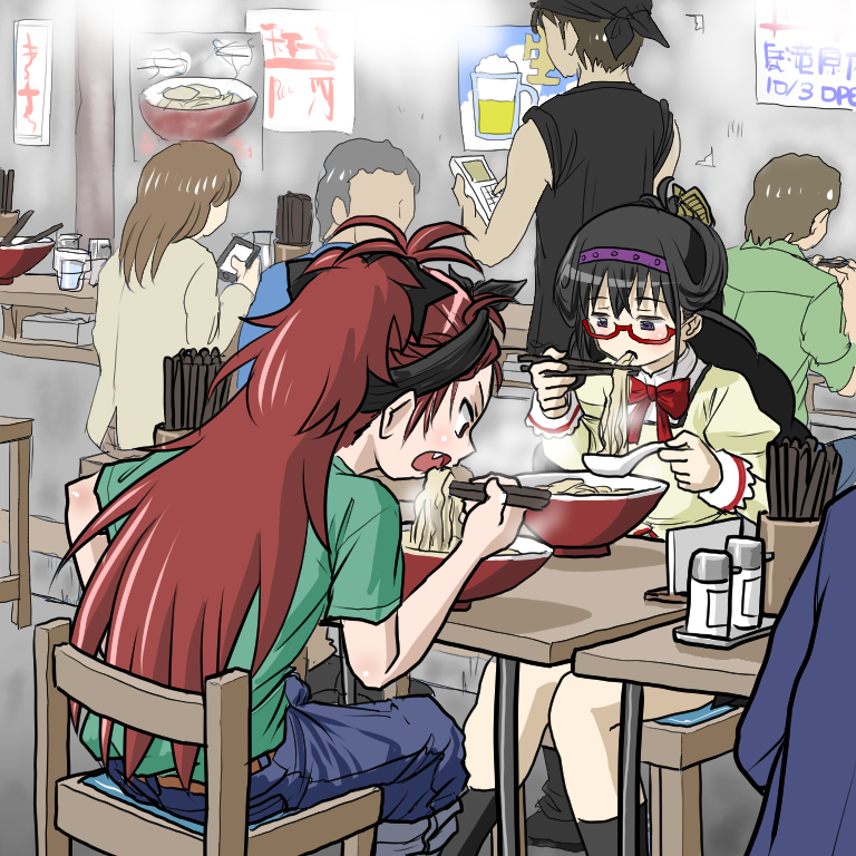 3boys 3girls akemi_homura bandanna beer_mug black_hair black_legwear brown_hair chair chopsticks commentary_request eating fang food glasses glasses_day green_shirt knives_(knives777) mahou_shoujo_madoka_magica multiple_boys multiple_girls noodles open_mouth partial_commentary ponytail poster_(object) ramen red-framed_eyewear sakura_kyouko school_uniform semi-rimless_glasses shirt short_hair sitting spoon t-shirt table tenkaippin under-rim_glasses