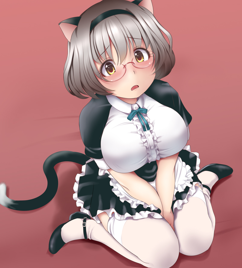 1girl animal_ears apron between_legs blush breasts brown_hair cat_ears cat_tail center_frills glasses hairband hand_between_legs kozue_akari large_breasts looking_at_viewer maid open_mouth original rimless_glasses short_hair sitting solo tail thigh-highs v_arms waist_apron wariza white_legwear yellow_eyes