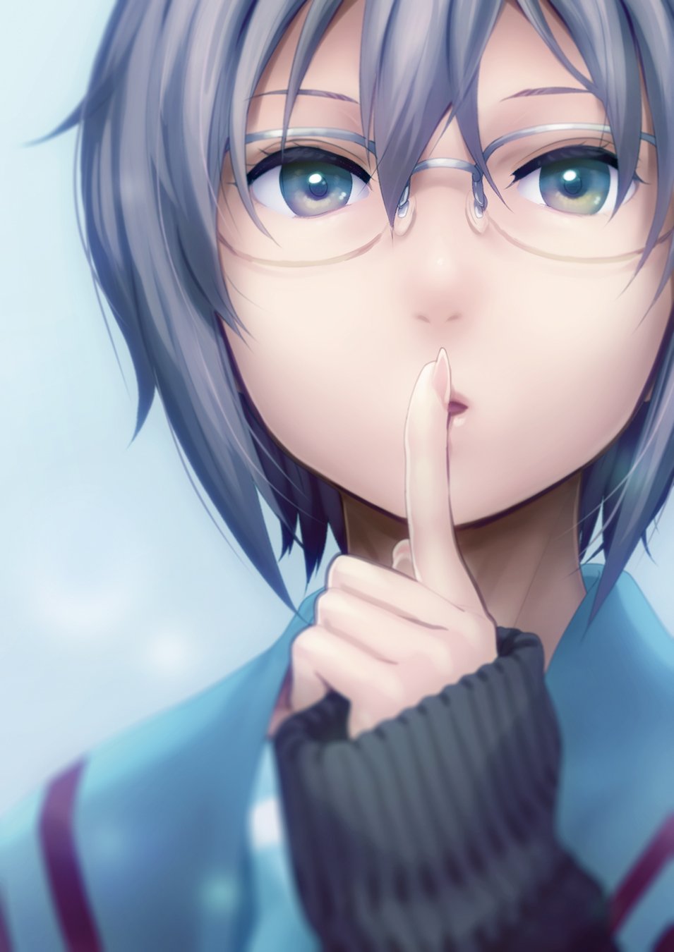 1girl blurry depth_of_field finger_to_mouth glasses grey_eyes grey_hair hair_between_eyes highres index_finger_raised looking_at_viewer nagato_yuki parted_lips puyo school_uniform semi-rimless_glasses serafuku short_hair sleeves_past_wrists solo suzumiya_haruhi_no_yuuutsu