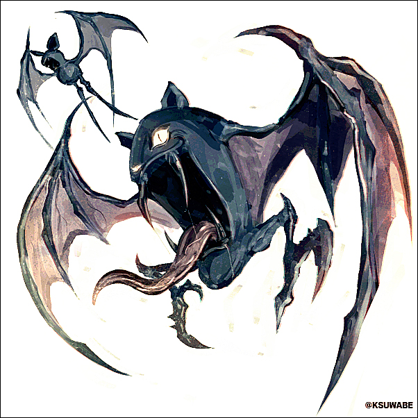 bat_ears bat_wings commentary_request drooling fangs flying glowing glowing_eyes golbat kei-suwabe legs no_humans open_mouth pokemon pokemon_(creature) slit_pupils spiked_wings spikes spread_wings talons tongue tongue_out twitter_username white_background wings zubat