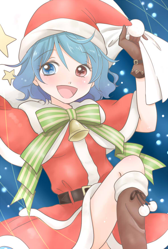 1girl :d alternate_costume arms_up bag bell belt blue_background blue_eyes blue_hair boots brown_boots brown_gloves capelet christmas commentary_request fur_trim gloves hat heterochromia knee_boots knee_up light_trail looking_at_viewer open_mouth red_eyes ribbon santa_costume santa_hat short_hair smile snowing star striped striped_ribbon tatara_kogasa touhou yuzuna99