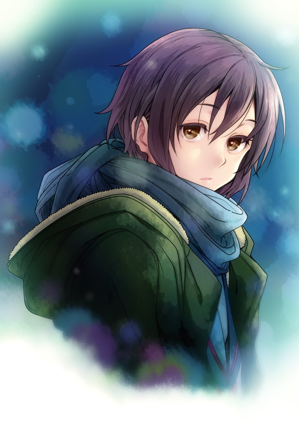 1girl coat expressionless highres lips looking_at_viewer nagato_yuki purple_hair puyo scarf school_uniform short_hair suzumiya_haruhi_no_shoushitsu suzumiya_haruhi_no_yuuutsu yellow_eyes