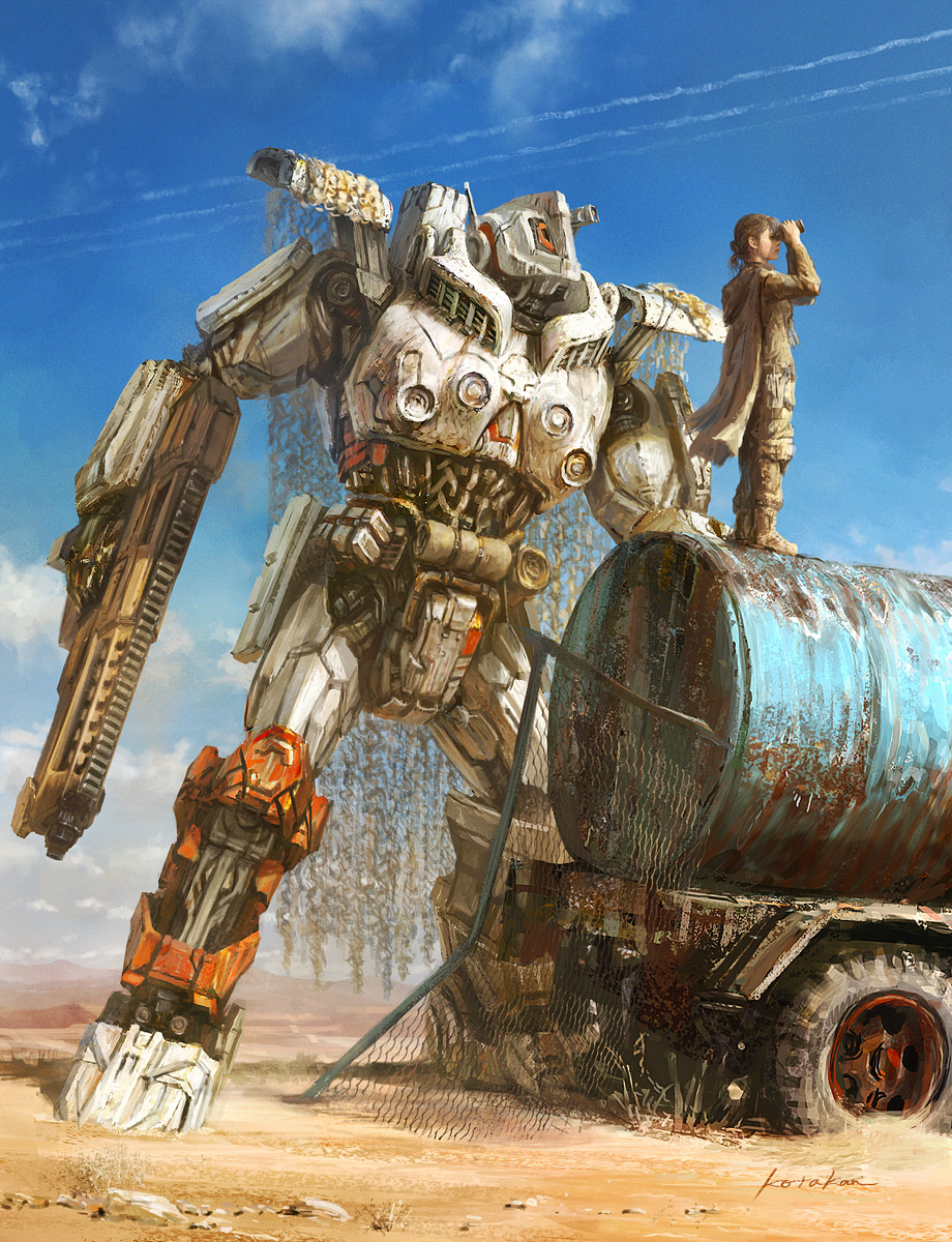 1girl binoculars brown_hair camouflage cape chain-link_fence clouds condensation_trail desert fence folded_ponytail ground_vehicle highres hill k-takano looking_afar mecha military military_uniform motor_vehicle original profile science_fiction sky soldier solo truck uniform
