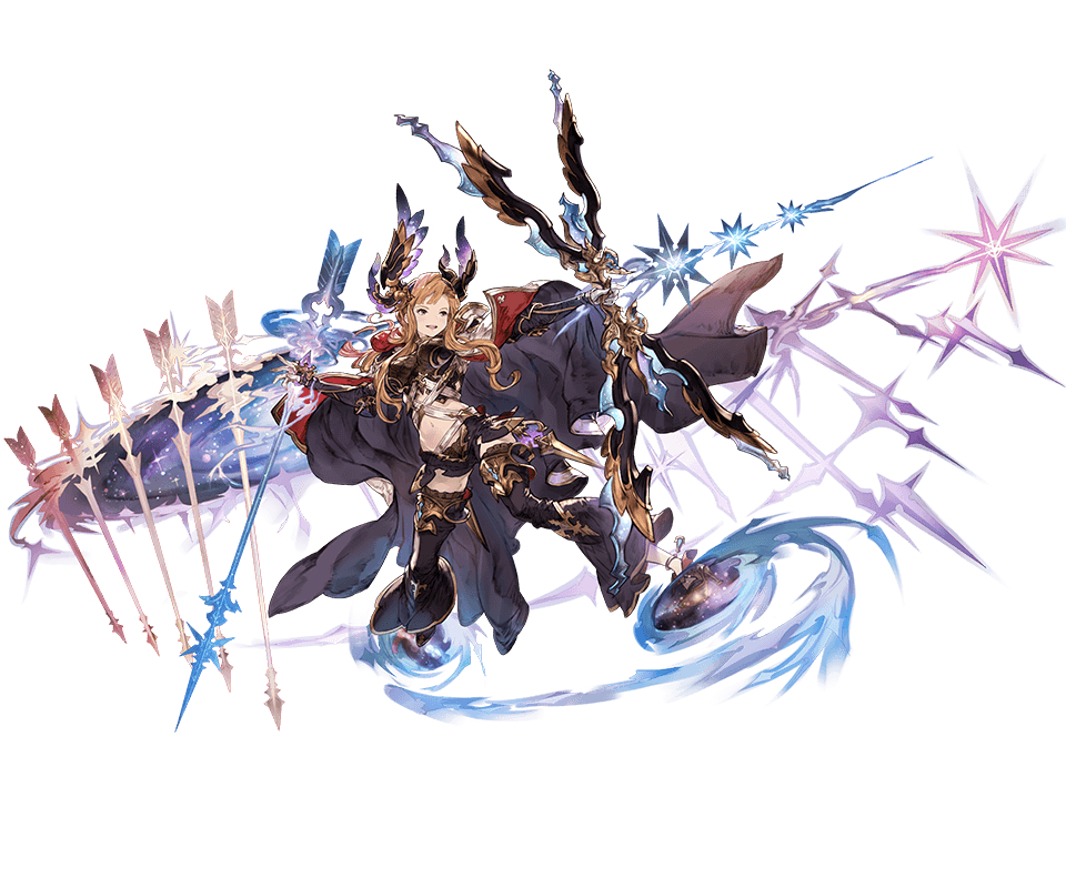 1girl arrow bow_(weapon) gloves granblue_fantasy hair_ornament high_heels jacket_on_shoulders long_hair midriff minaba_hideo navel official_art open_mouth orange_hair simple_background solo song_(granblue_fantasy) sparkle teeth weapon white_background