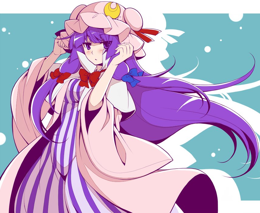 1girl blue_bow blush bow commentary_request crescent eichi_yuu hair_bow hat hat_ribbon long_hair mob_cap open_mouth patchouli_knowledge purple_hair red_bow red_ribbon ribbon solo striped touhou very_long_hair violet_eyes