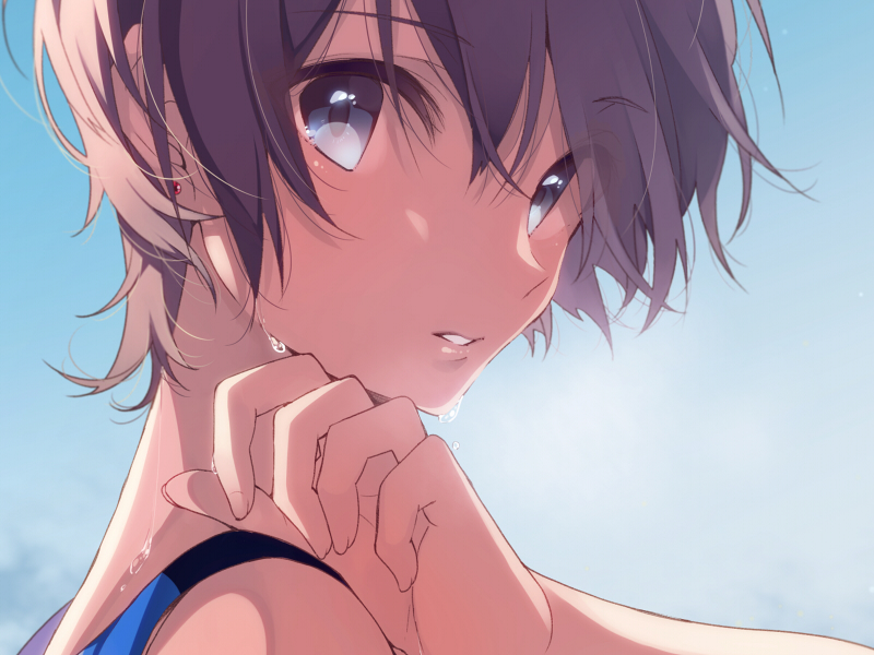 1girl bare_shoulders blue_eyes blue_sky brown_hair close-up day dripping earrings eyelashes face from_side hand_on_own_shoulder jewelry light_smile looking_at_viewer looking_to_the_side original parted_lips short_hair sky solo stud_earrings sweat umiko_(munemiu) upper_body water water_drop wiping_sweat