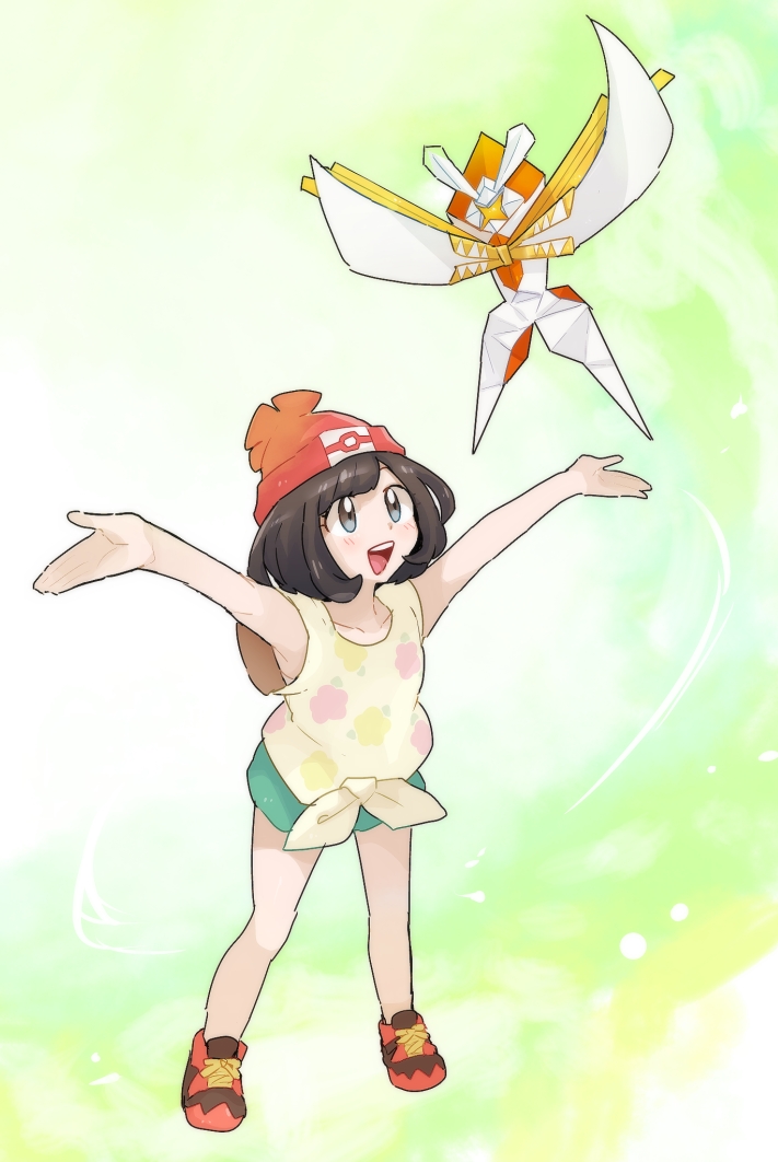 1girl :d antennae armpits beanie black_hair blue_eyes blush bra chiimako collarbone eyelashes female_protagonist_(pokemon_sm) floral_print full_body green_shorts hat kartana legendary_pokemon looking_up open_mouth origami outstretched_arms poke_ball_theme pokemon pokemon_(game) pokemon_sm red_hat shirt shoes short_hair short_sleeves shorts smile sneakers standing teeth tongue ultra_beast underwear white_bra yellow_shirt z-ring