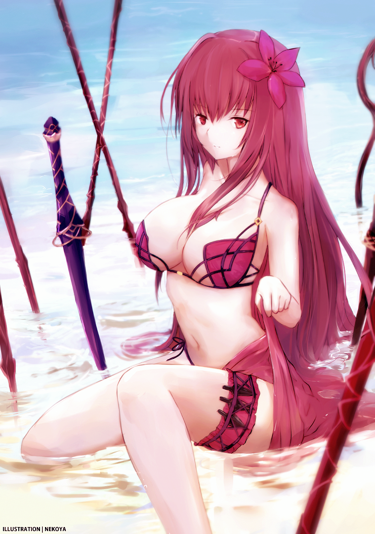 1girl adapted_costume bangs bare_shoulders bikini breasts cleavage collarbone dyolf fate/grand_order fate_(series) flower from_side gae_bolg gae_buidhe gae_dearg hair_flower hair_ornament hibiscus holster large_breasts long_hair looking_at_viewer looking_to_the_side navel partially_submerged planted_weapon purple_bikini purple_hair red_eyes revision sarong scathach_(fate/grand_order) scathach_(swimsuit_assassin)_(fate) solo stomach swimsuit thigh_holster very_long_hair weapon