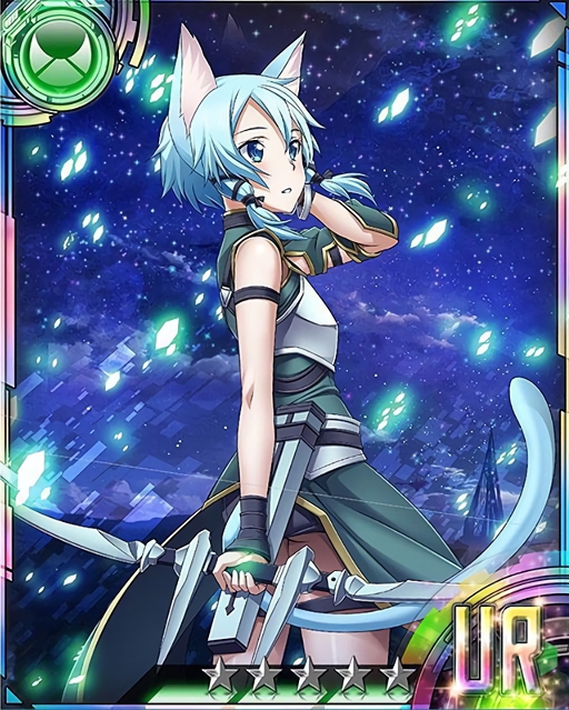 1girl animal_ears ass black_ribbon black_shorts blue_eyes blue_hair bow_(weapon) breastplate card_(medium) cat_ears cat_tail from_side hair_ribbon hand_in_hair holding holding_weapon looking_up matching_hair/eyes outdoors ribbon shinon_(sao-alo) short_hair_with_long_locks short_shorts shorts sky solo star_(sky) starry_sky sword_art_online tail weapon
