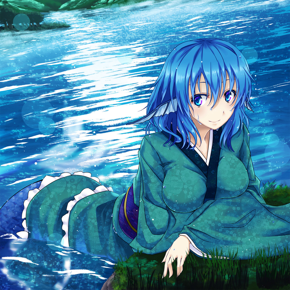1girl blue_eyes blue_hair breasts colored_eyelashes din_(flypaper) head_fins japanese_clothes kimono lake lens_flare long_sleeves matching_hair/eyes medium_breasts mermaid monster_girl obi sash smile solo touhou wakasagihime wet wet_clothes wet_hair wide_sleeves