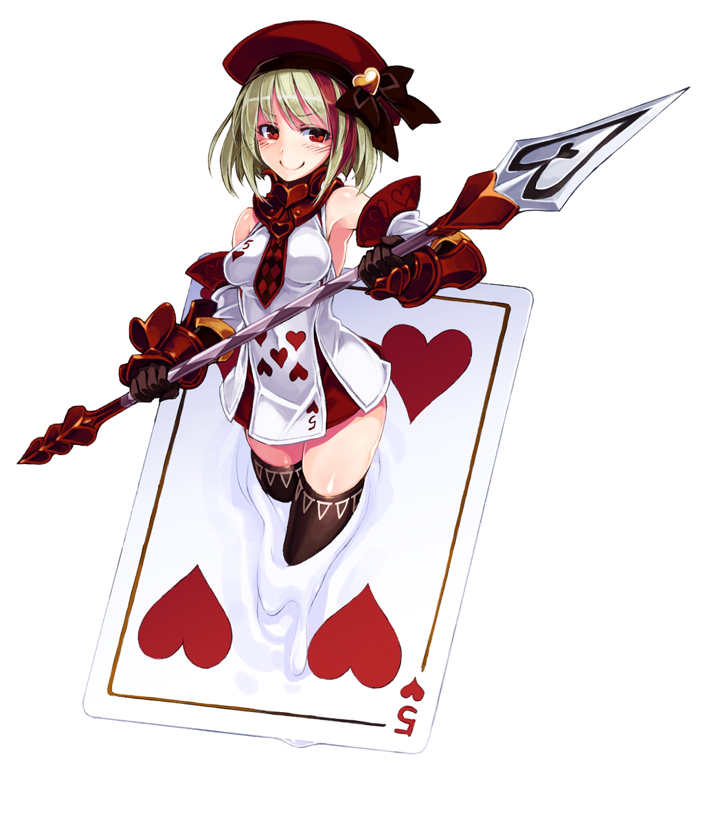 1girl bare_shoulders breasts card detached_sleeves dress female gauntlets green_hair hat hat_ribbon hearts_(playing_card) highres kenkou_cross looking_at_viewer medium_breasts monster_girl_encyclopedia multicolored_hair necktie playing_card polearm red_eyes redhead ribbon short_dress short_hair simple_background smile solo spear streaked_hair thigh-highs trumpart_(monster_girl_encyclopedia) two-tone_hair weapon white_background