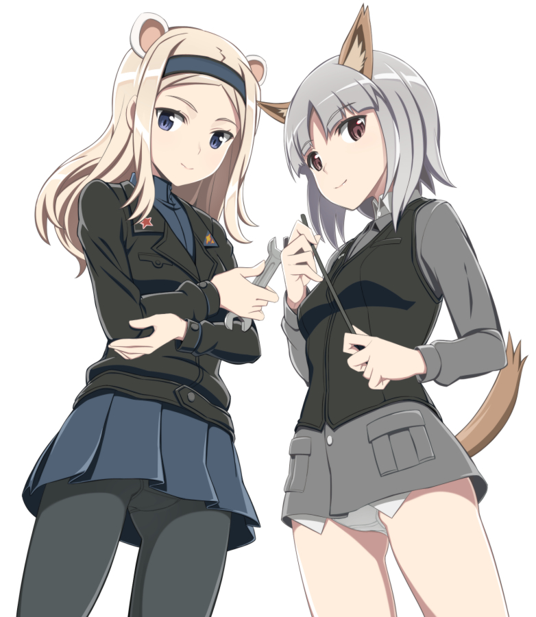 2girls aleksandra_i_pokryshkin animal_ears black_legwear blonde_hair blue_eyes blush brave_witches brown_eyes crossed_arms edytha_rossmann fox_ears fox_tail from_below hairband holding jacket leather leather_jacket long_hair looking_at_viewer military military_uniform multiple_girls nanashino panties panties_under_pantyhose pantyhose pleated_skirt short_hair silver_hair skirt smile tail underwear uniform vest white_panties world_witches_series wrench