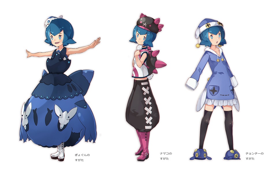 1girl backpack bag black_legwear blue_eyes blue_hair blush chinchou chinchou_(cosplay) cosplay full_body hairband hat outstretched_arms pokemon pokemon_(creature) pokemon_(game) pokemon_sm pyukumuku pyukumuku_(cosplay) short_hair suiren_(pokemon) tamagokake_candy thigh-highs translation_request trial_captain white_background wishiwashi wishiwashi_(cosplay)