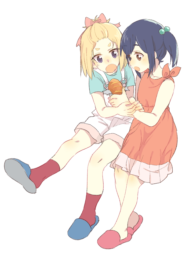 2girls :o bangs_pinned_back blonde_hair blue_eyes blue_hair bow bread brown_eyes eyebrows_visible_through_hair flip_flappers food hair_bobbles hair_bow hair_ornament holding holding_arm holding_food invisible_chair keiya kokomine_cocona multiple_girls open_mouth overalls ponytail red_bow red_legwear short_hair simple_background sitting slippers socks twintails white_background yayaka younger