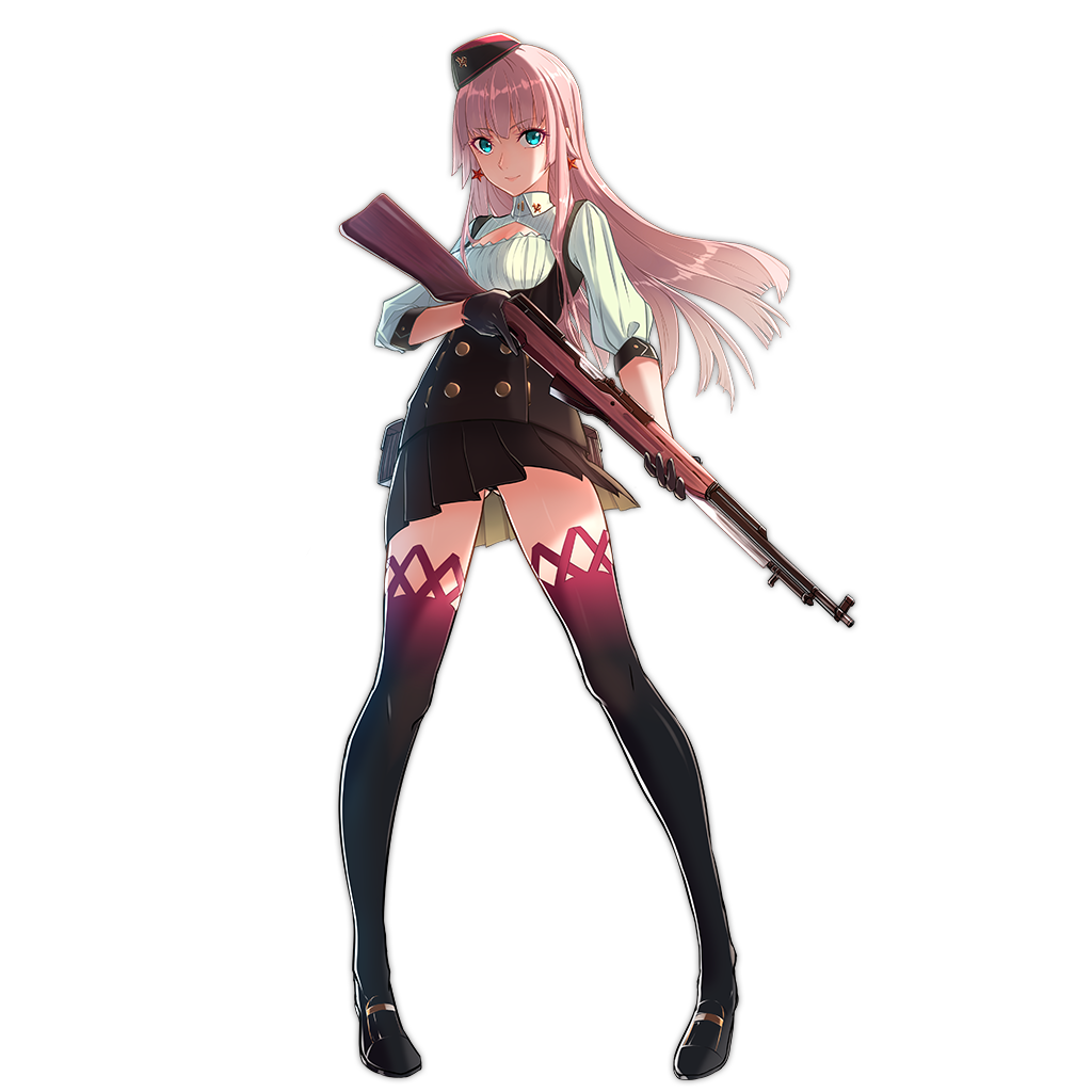 1girl black_gloves black_legwear black_panties black_shoes black_skirt blue_eyes bow breasts buttons earpiece earrings eyebrows eyebrows_visible_through_hair full_body garrison_cap girls_frontline gloves gluteal_fold gun hair_bow hammer_and_sickle hat holding holding_gun holding_weapon holster jewelry long_hair looking_at_viewer medium_breasts neckerchief nose official_art panties pantyshot pantyshot_(standing) personification pink_eyes shoes short_sleeves simple_background skirt sks sks_(girls_frontline) smile solo standing star star_earrings thigh-highs transparent_background trigger_discipline underbust underwear weapon wind wind_lift