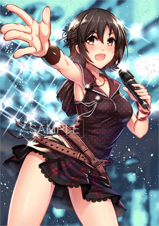 1girl armpits backlighting bangs belt black_skirt blush bracelet brown_eyes brown_hair buckle collarbone contrapposto cowboy_shot eyebrows_visible_through_hair final_fantasy final_fantasy_xv foreshortening glint go-it holding holding_microphone iris_amicitia jewelry jpeg_artifacts legs_apart looking_at_viewer microphone necklace open_mouth outstretched_arm plaid plaid_skirt polka_dot sample shiny shiny_hair short_hair skirt sleeveless smile solo sparkle spotlight standing tassel watermark wristband